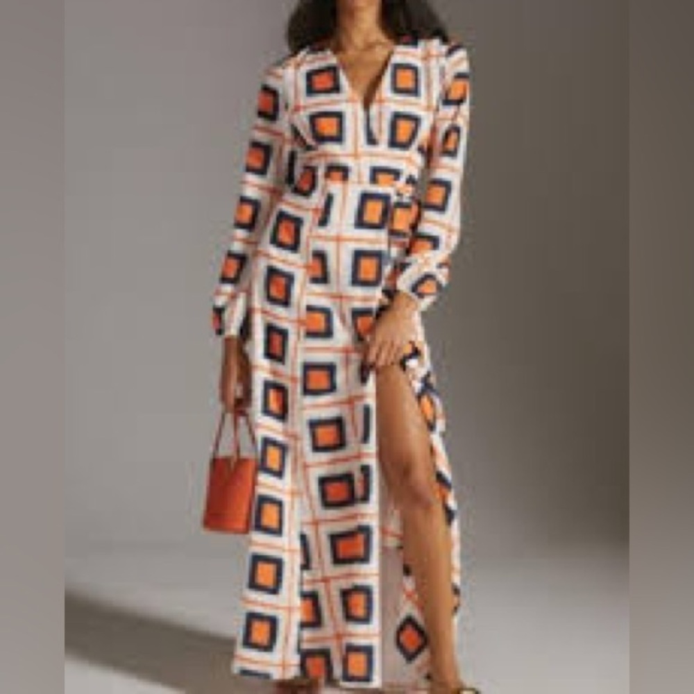 Anthropologie Hutch Geo Print Maxi Wrap Dress in Orange Multi - Size Small